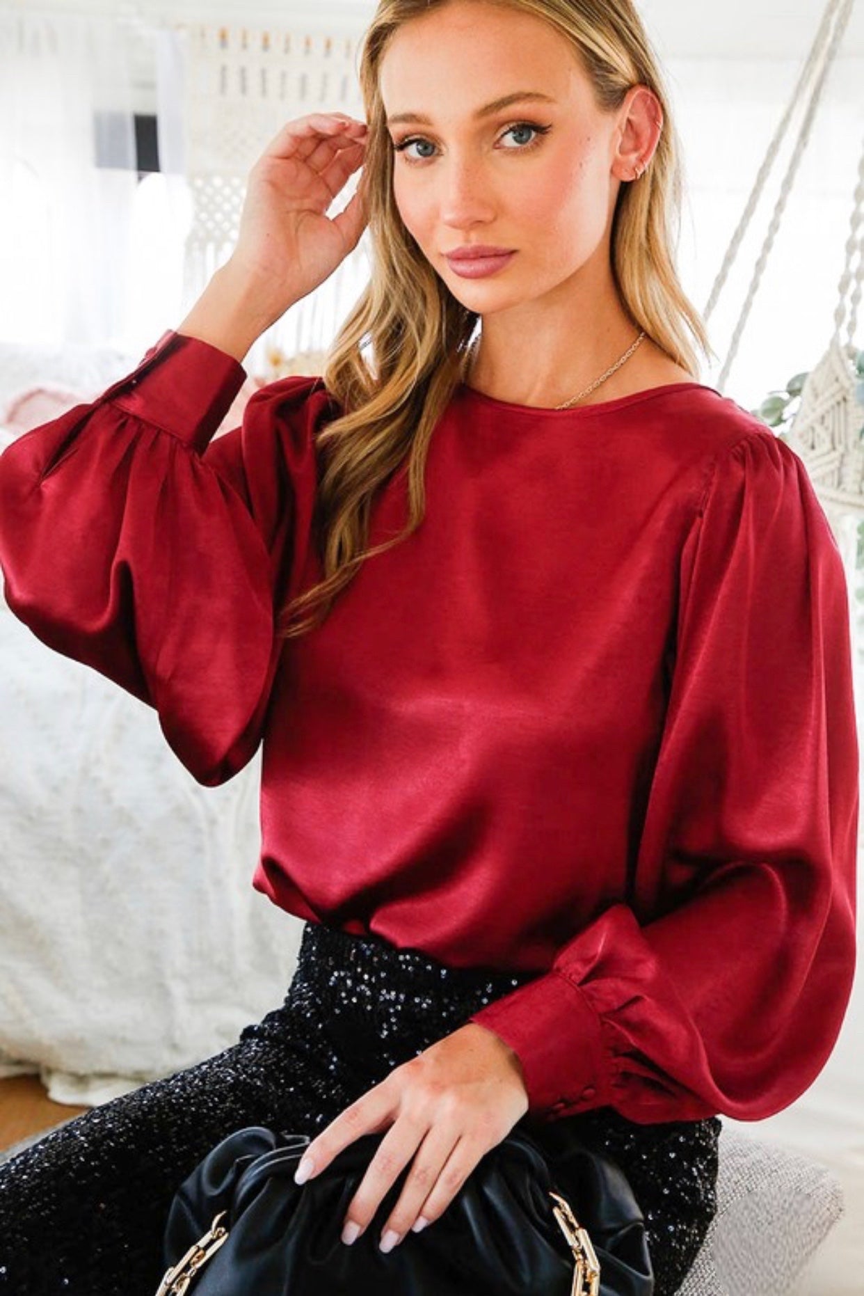 Satin Balloon Sleeve Blouse Burgundy