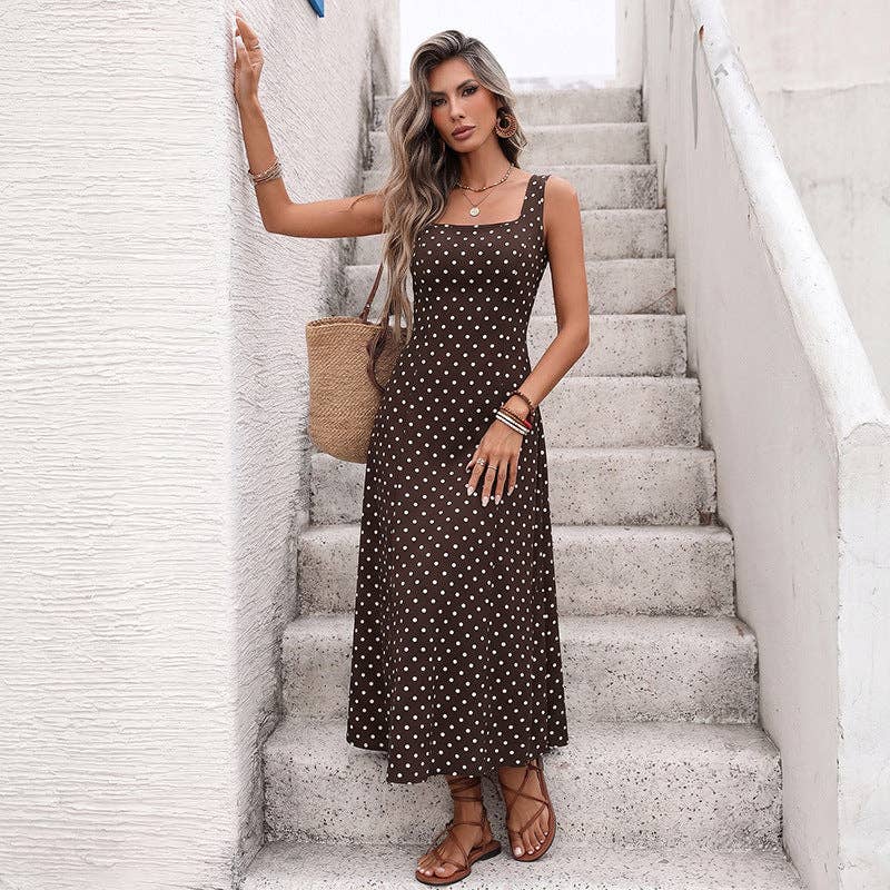 Polka Dot Chiffon Maxi Dress Resort Square Neck