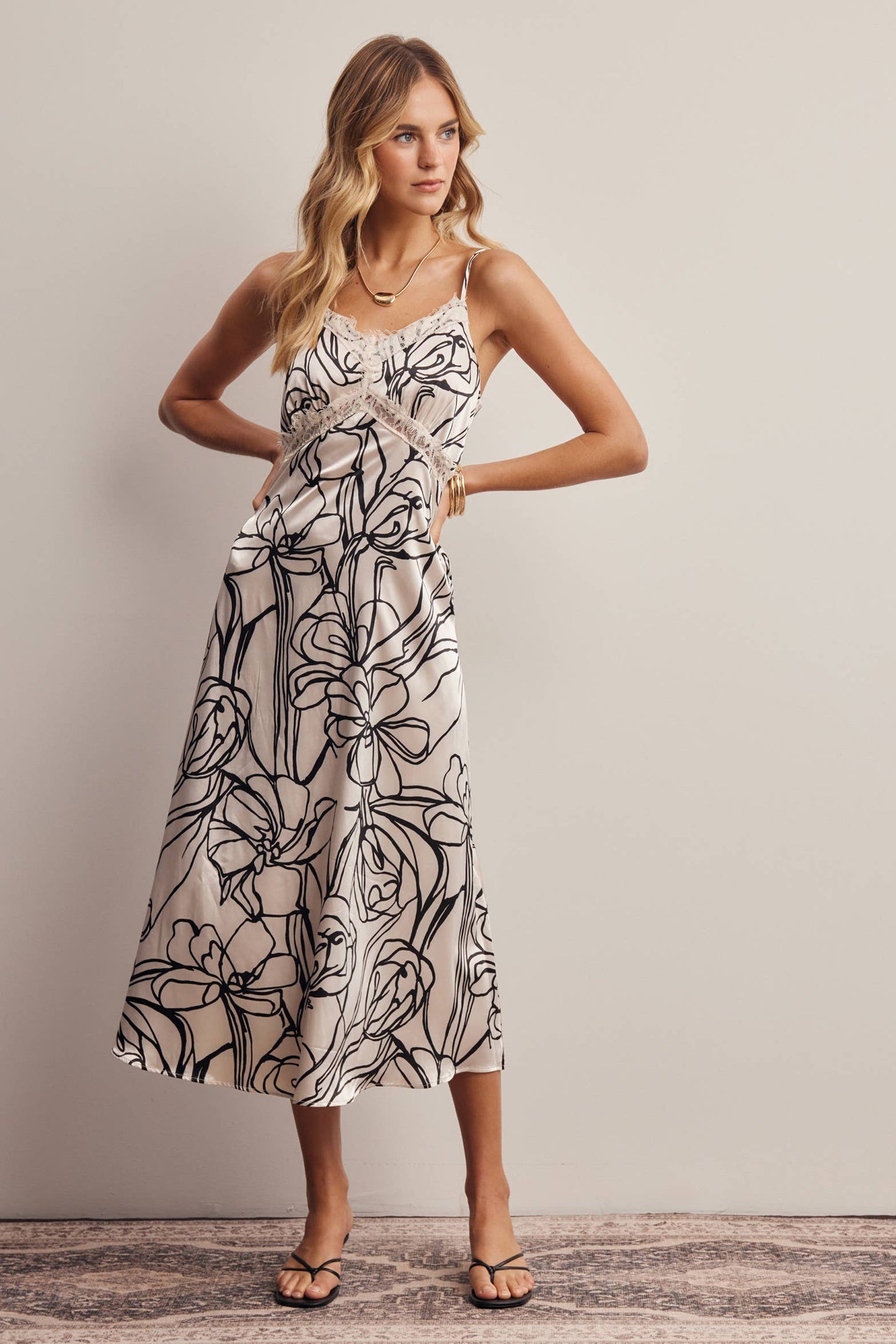 Lace Trim Floral Satin Midi Dress