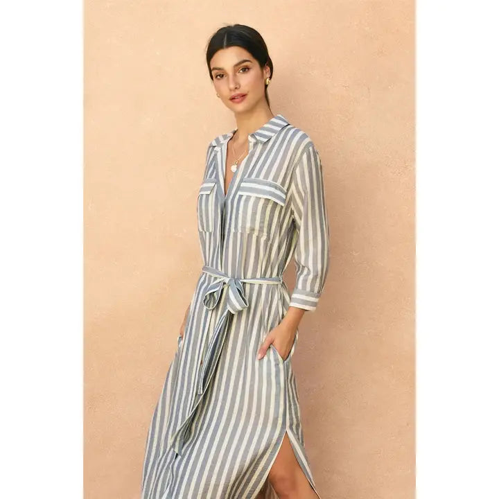 Nautical Stripe Belted Maxi Shirt Dress