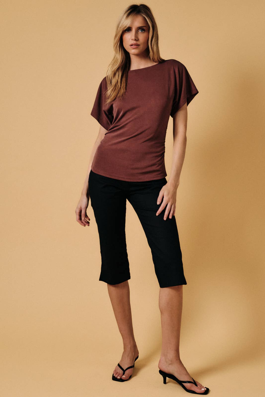 BOAT NECK WIDE HALF SLEEVE KNIT TOP