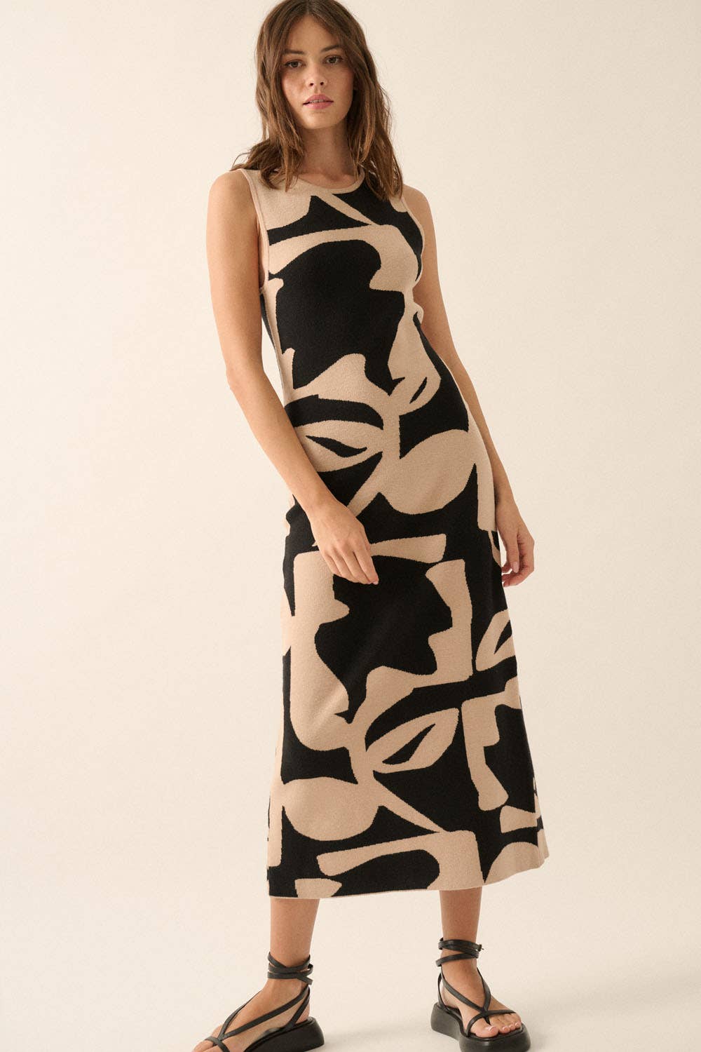Abstract Floral Knit Sleeveless Midi Sweater Dress