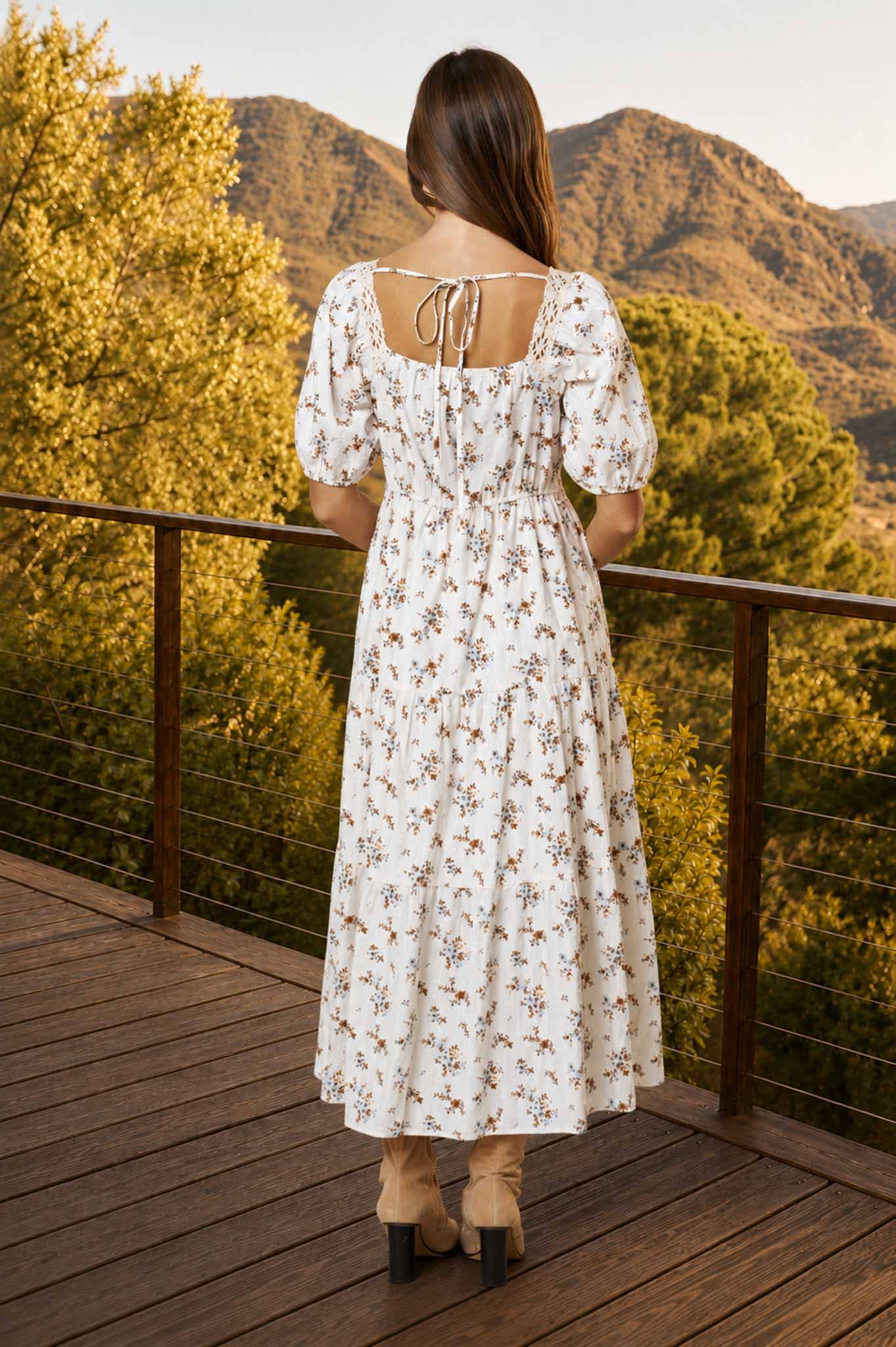 FLORAL CLIP DOT CROCHET LACE TRIM MIDI DRESS
