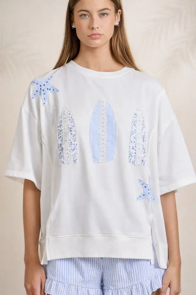 Surfboard Patchwork Tee – Coastal Summer Top
