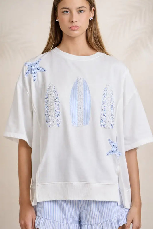 Surfboard Patchwork Tee – Coastal Summer Top