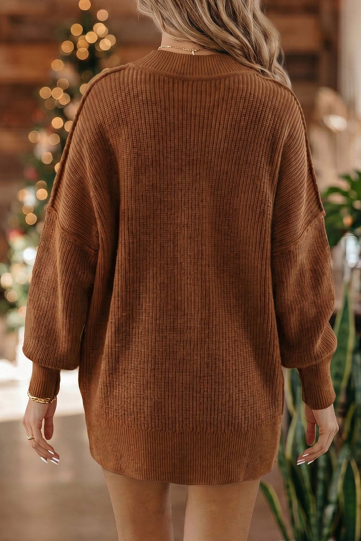 Chestnut Solid Color Mock Neck Oversized Tunic Sweater
