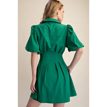 Shirt Dress Balloon Sleeve Waist Pleated Mini Fit & Flare