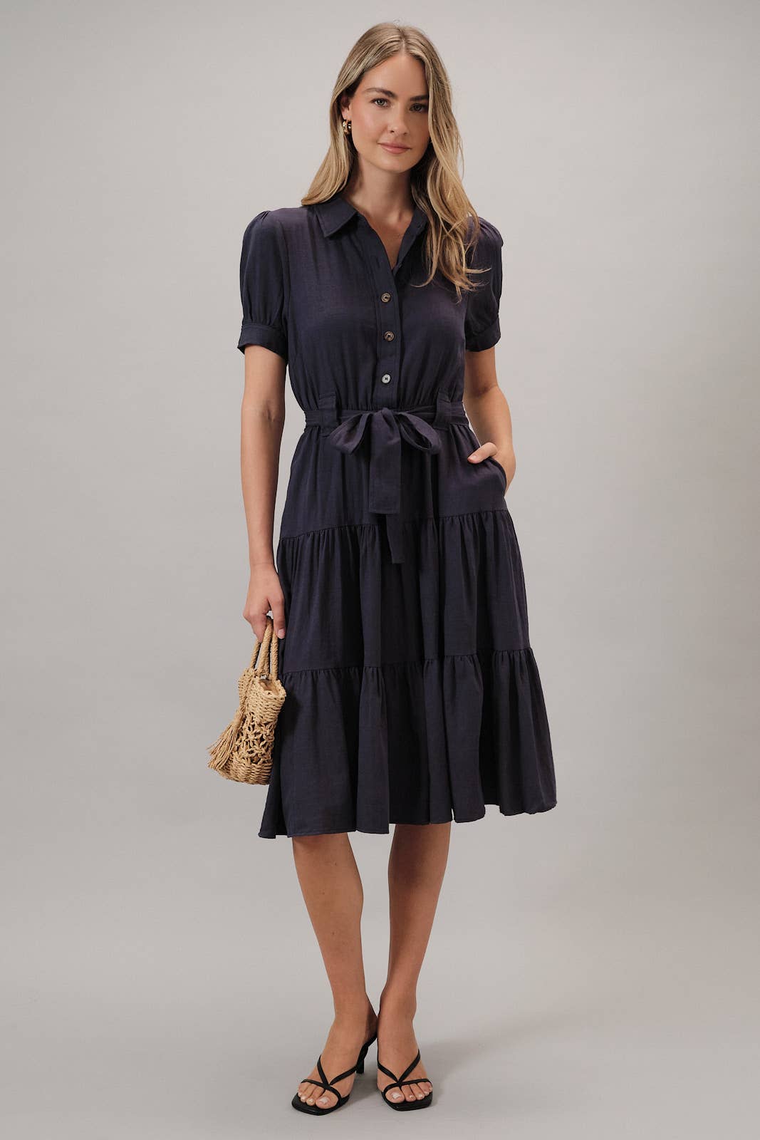 SHORT SLEEVE BUTTON DOWN BELTED TIERED MIDI DRESS