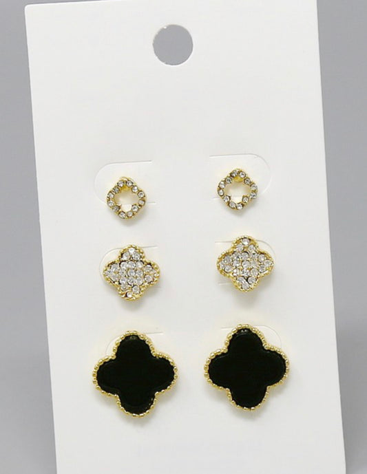 Clover Stud Earring Set Black Gold