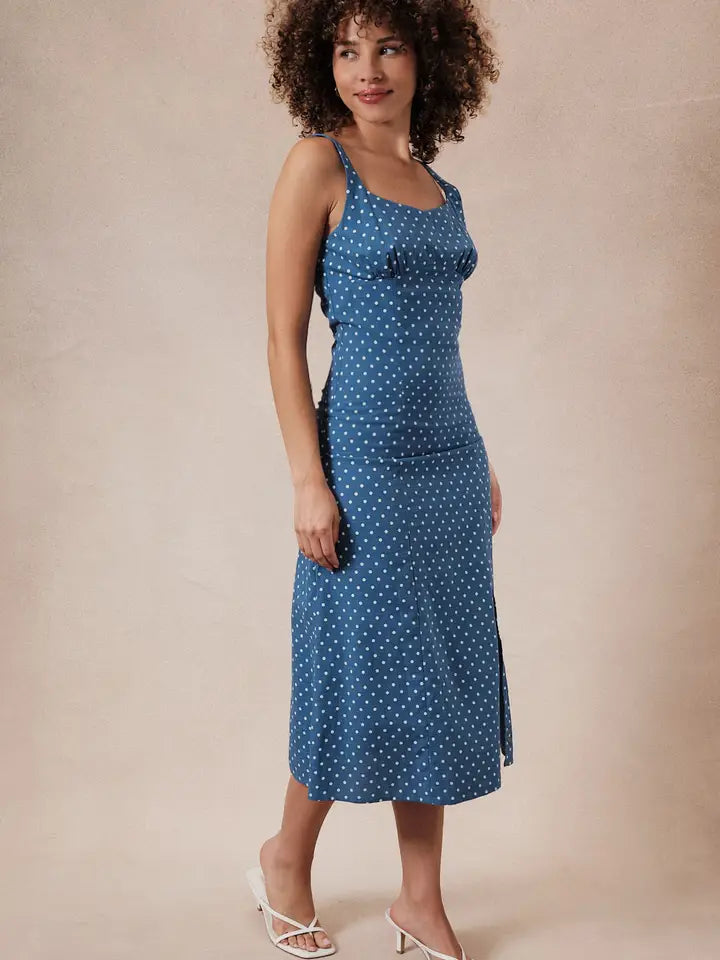 Polka Dot Midi Dress W. Adjustable Straps & Slit