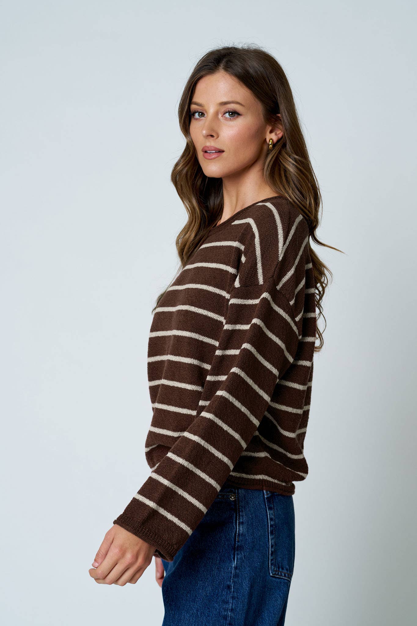 STRIPE TEXTURED RAW EDGE LONG SLEEVE KNIT SWEATER-BACKORDER