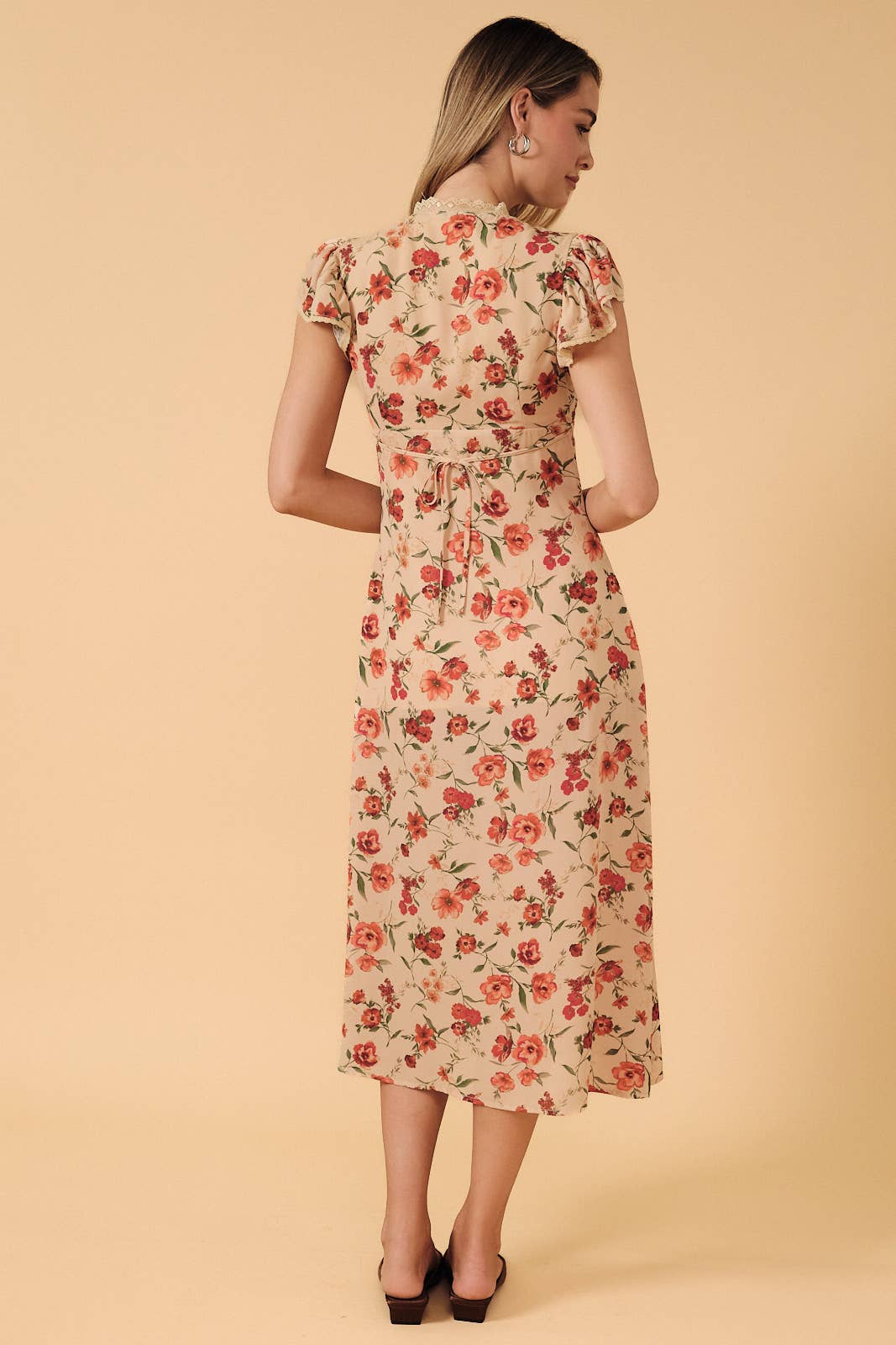Lace Trim V-Neck Short Flutter Sleeve Midi Dress With Slit