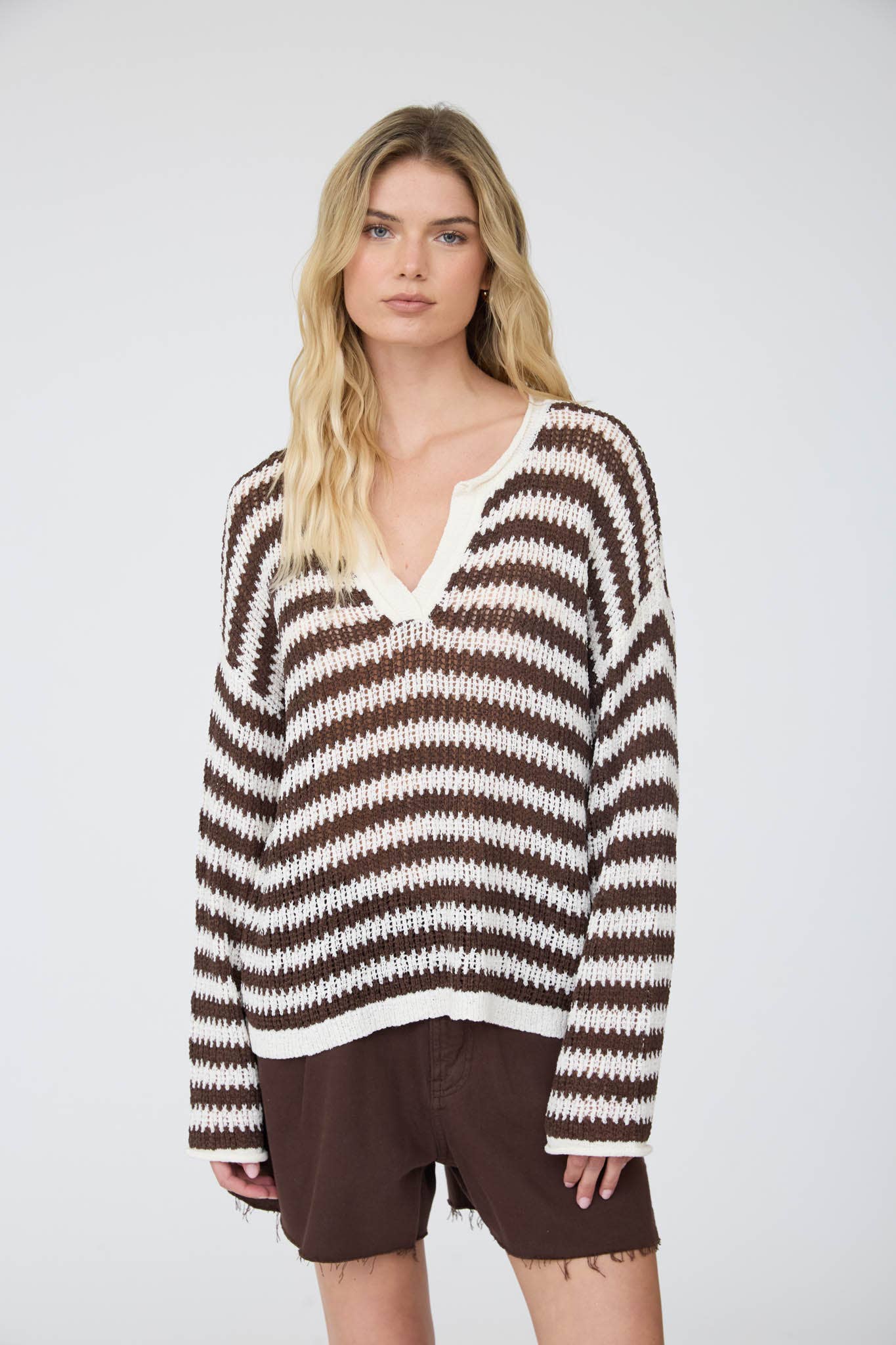 STRIPE RAW EDGE SPLIT NECK SWEATER
