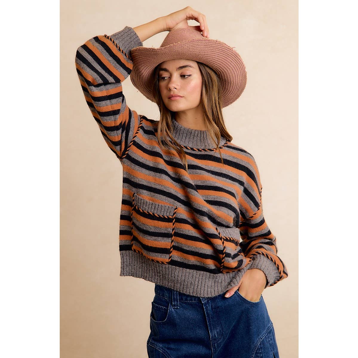 Halloween Striped Mock Neck Pocket Sweater