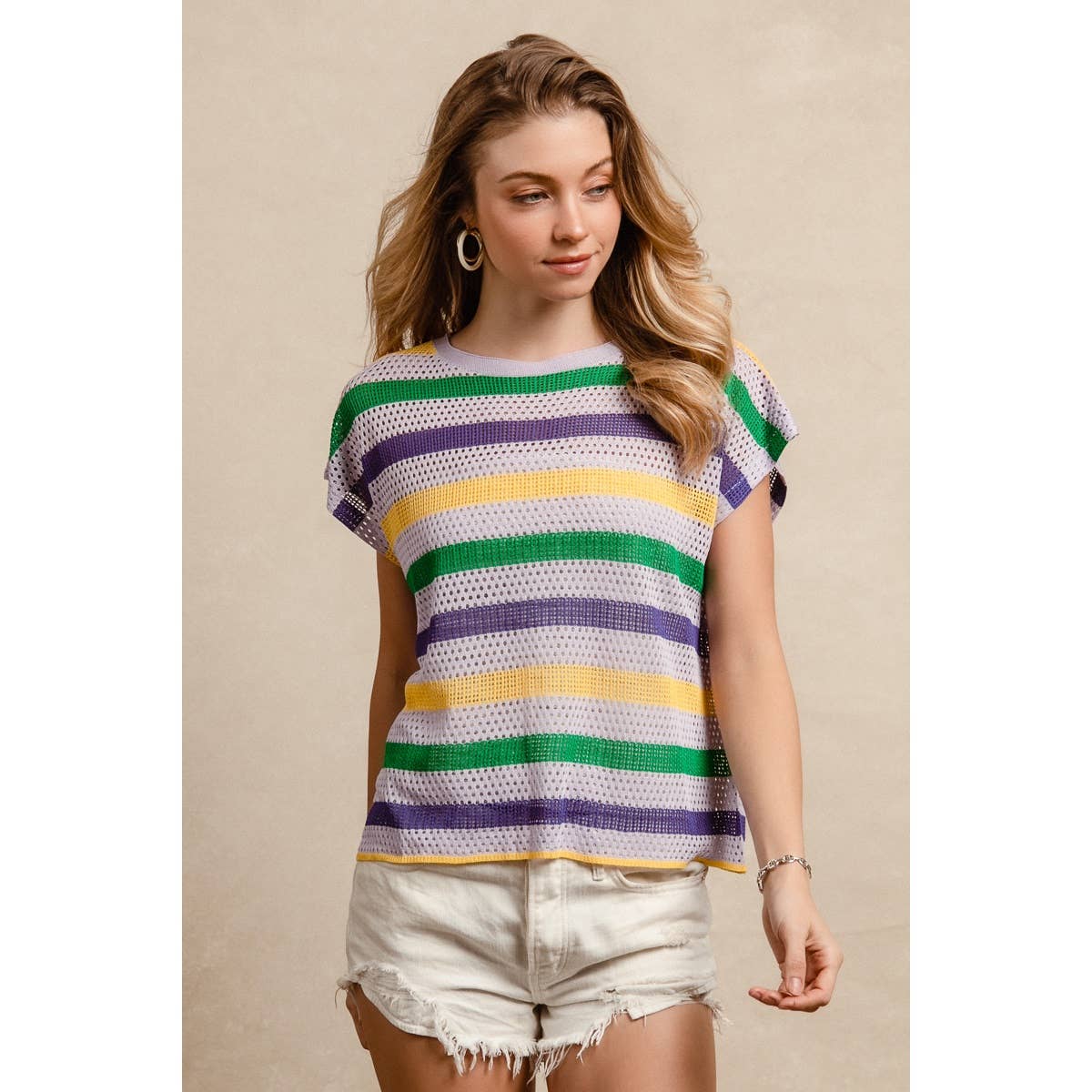 MARDI GRAS STRIPES SHORT DOLMAN SLEEVE KNIT TOP