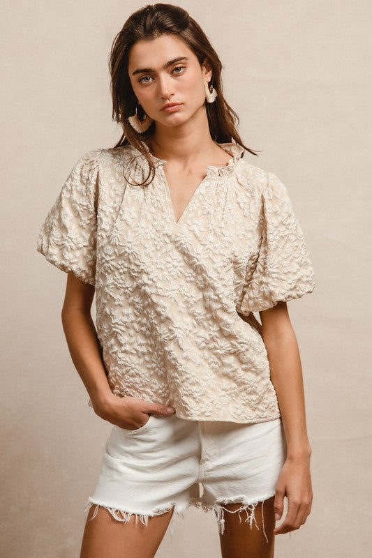 Floral Balloon Sleeve V Neck Top