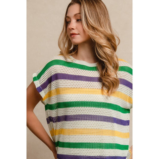 MARDI GRAS STRIPES SHORT DOLMAN SLEEVE KNIT TOP