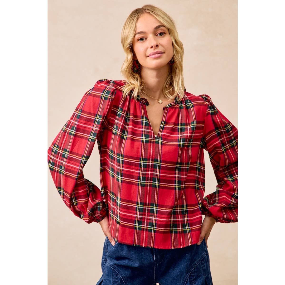Christmas Plaid Balloon Sleeves Ruffled V-Neck Top