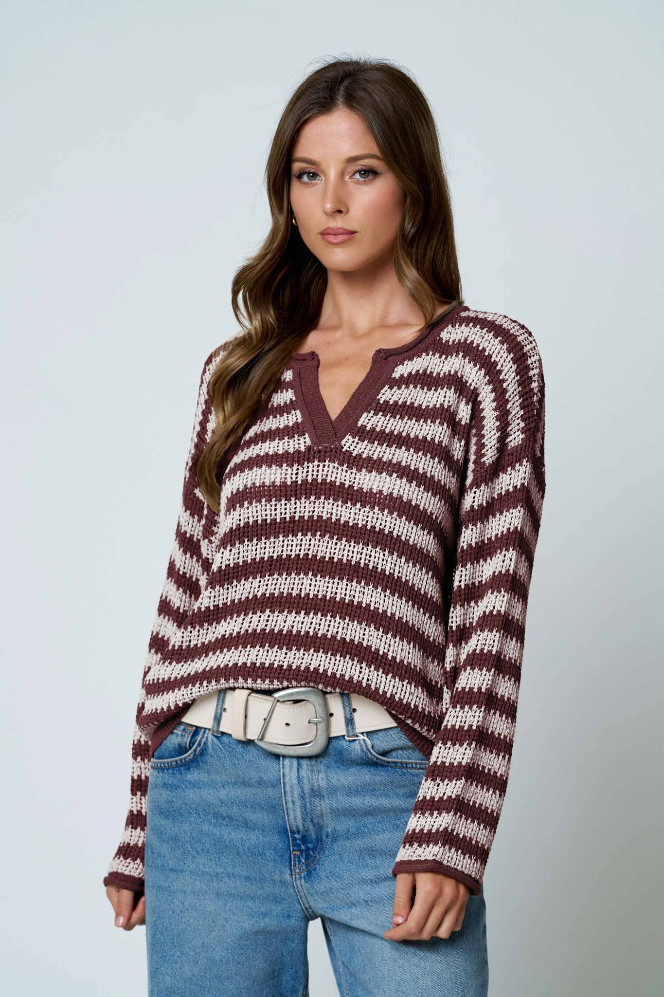 STRIPE RAW EDGE SPLIT NECK SWEATER