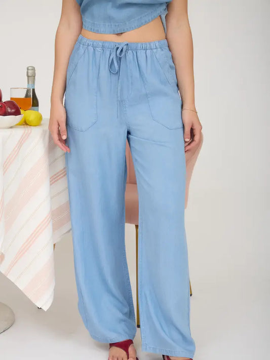 Chambray Drawstring Wide Leg Lounge Pants
