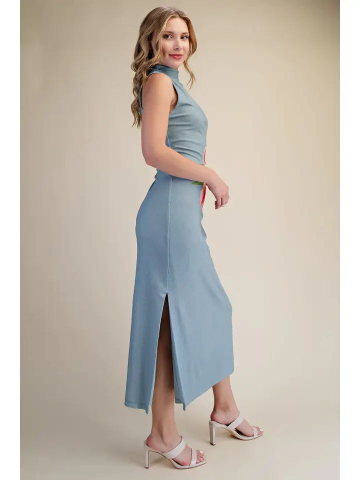 Ruched High-Neck Flower Print Midi Dress