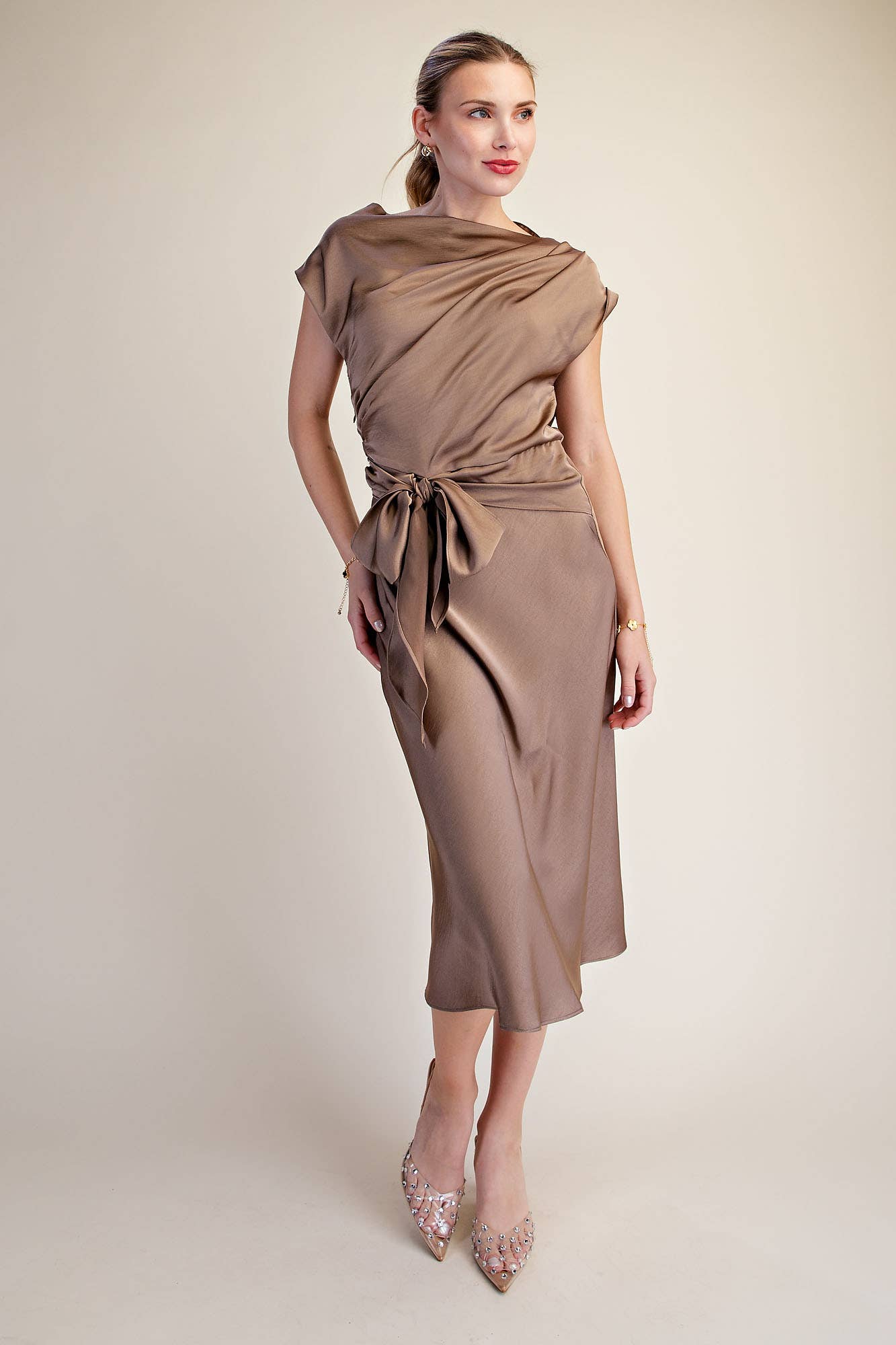 Asymmetrical Dress Waist Tie Midi Length