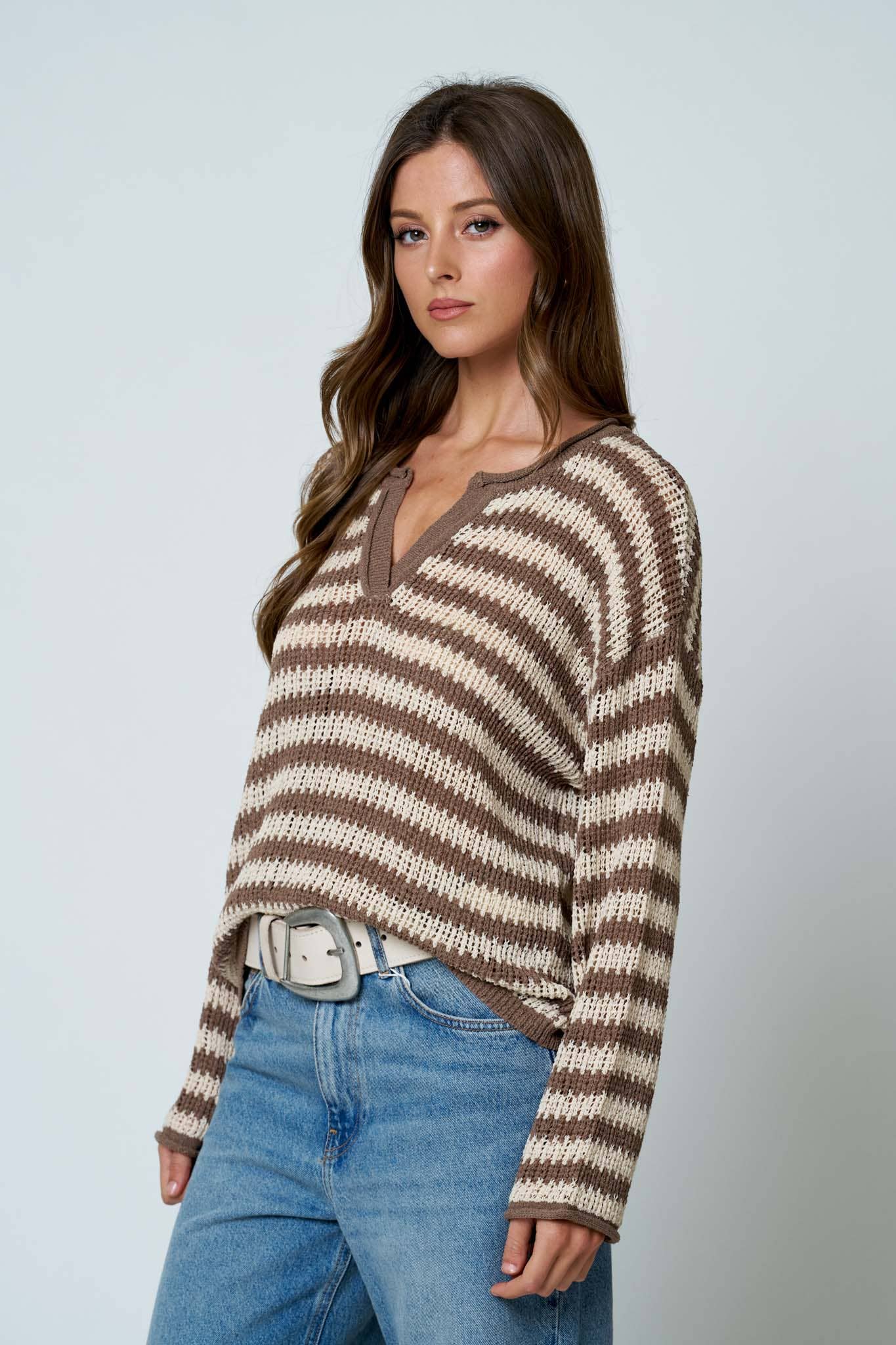STRIPE RAW EDGE SPLIT NECK SWEATER