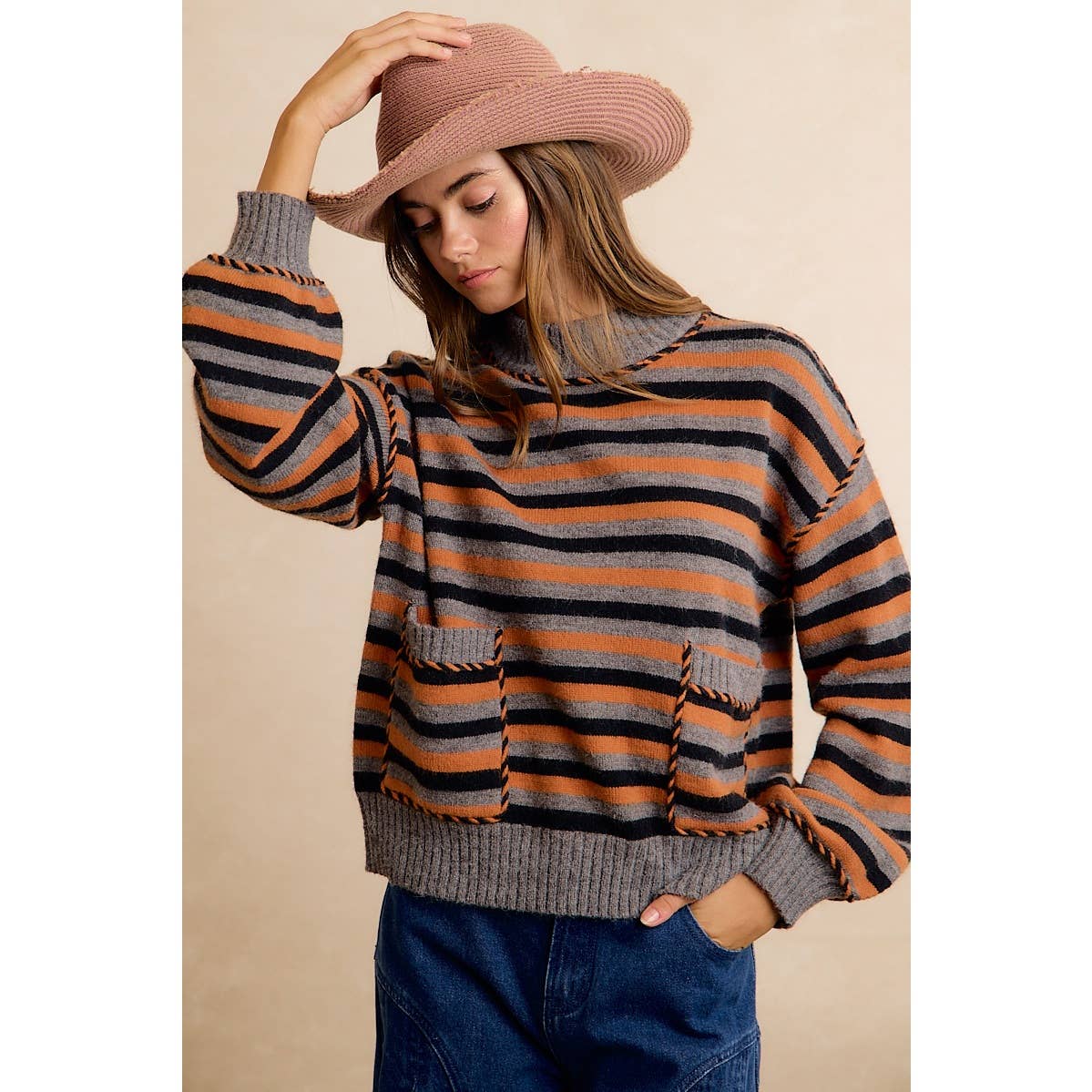 Halloween Striped Mock Neck Pocket Sweater