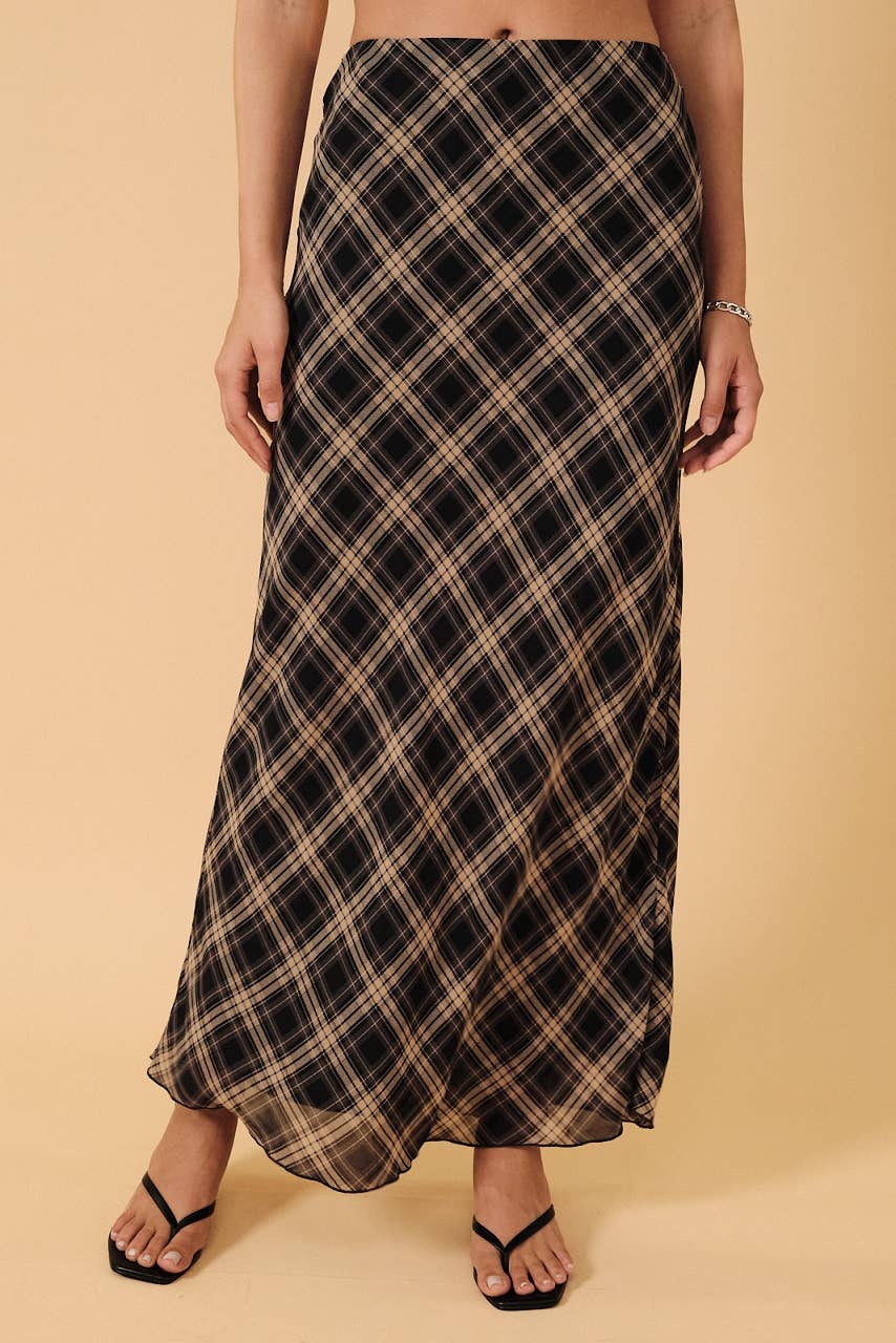 High Waist Plaid Chiffon Midi Skirt