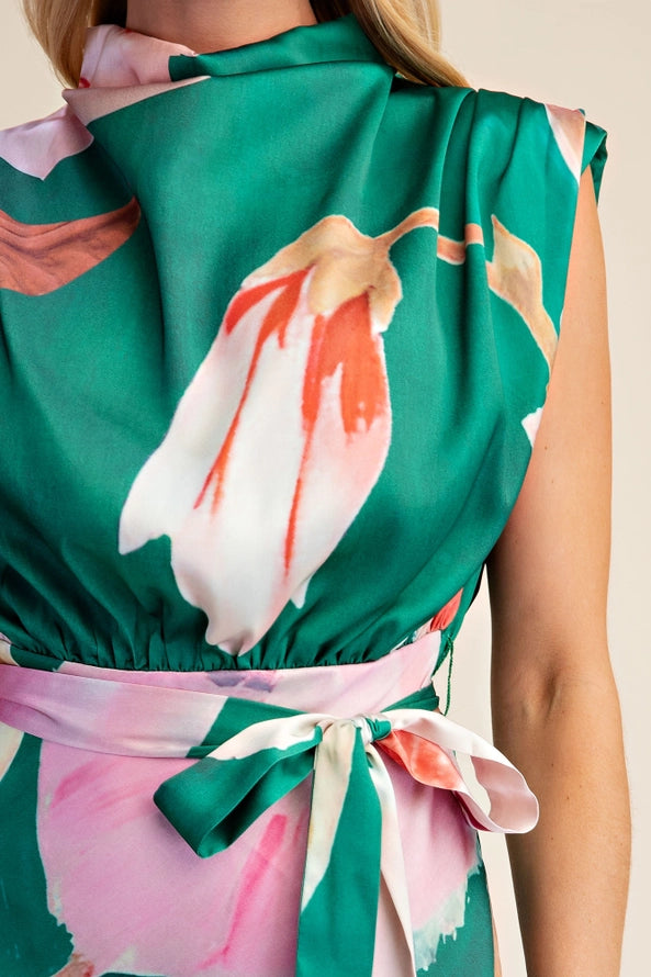 Floral Dress Cowl Neck Sleeveless Waist Tie Midi Satin