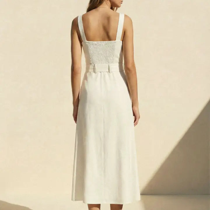Linen Square Neck Buckle Midi Dress
