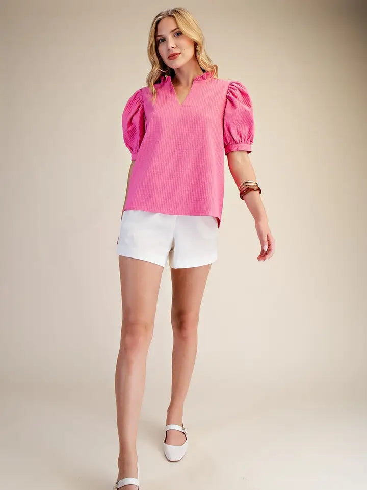 Ruffle V-Neck Puff Sleeve Top