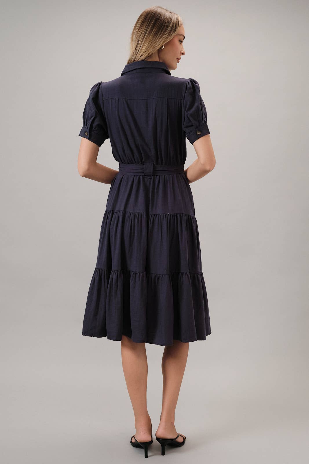 SHORT SLEEVE BUTTON DOWN BELTED TIERED MIDI DRESS