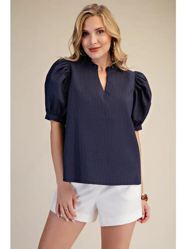 Ruffle V-Neck Puff Sleeve Top
