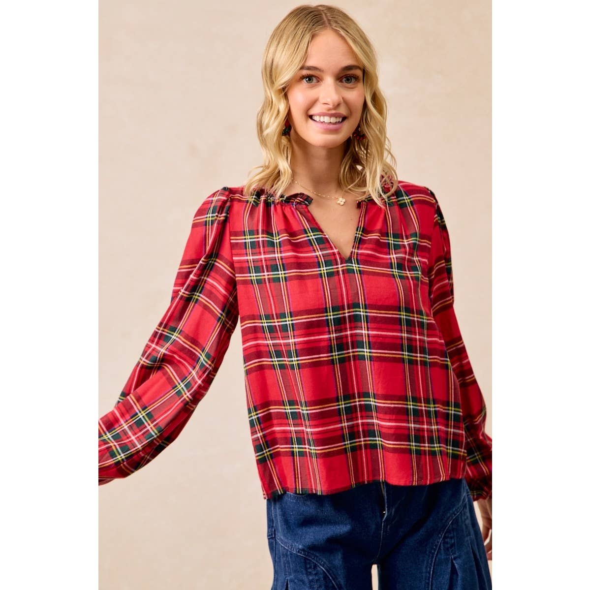 Christmas Plaid Balloon Sleeves Ruffled V-Neck Top