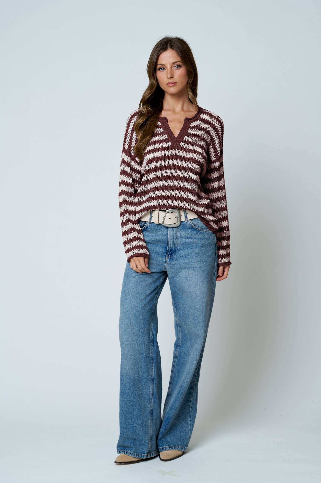 STRIPE RAW EDGE SPLIT NECK SWEATER
