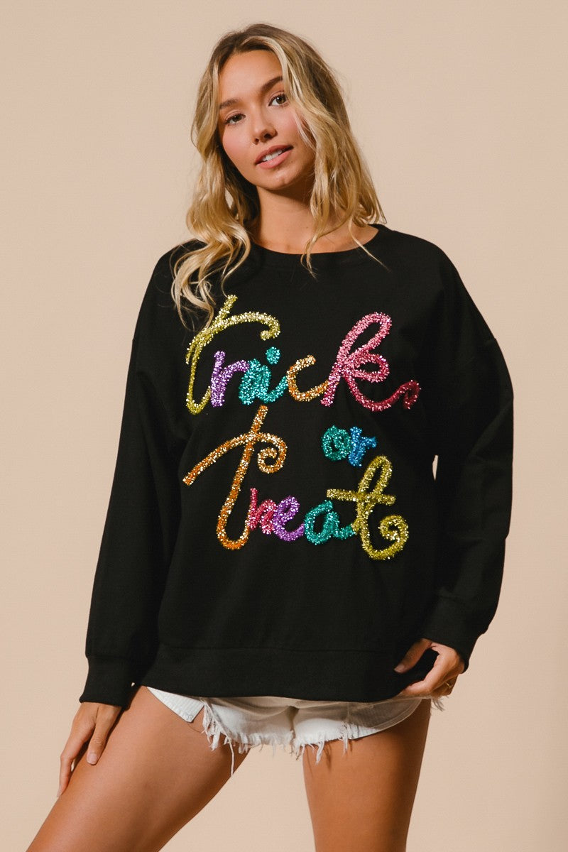 Tinsel Trick Or Treat Lettering Halloween Pullover