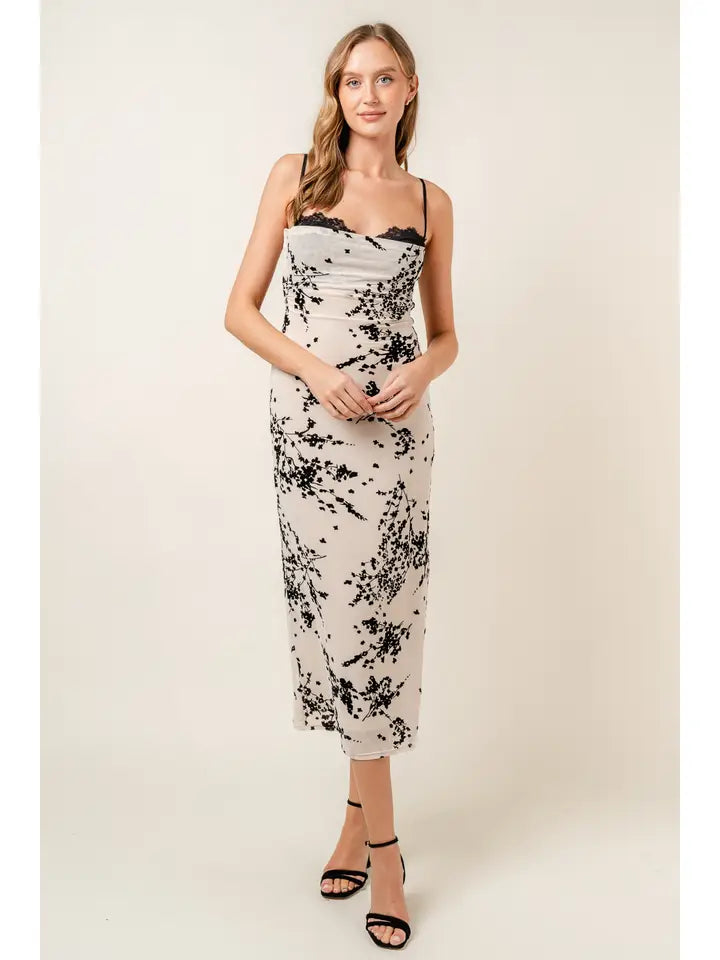 Lace Burn Out Velvet Floral Mesh Midi DRESS-