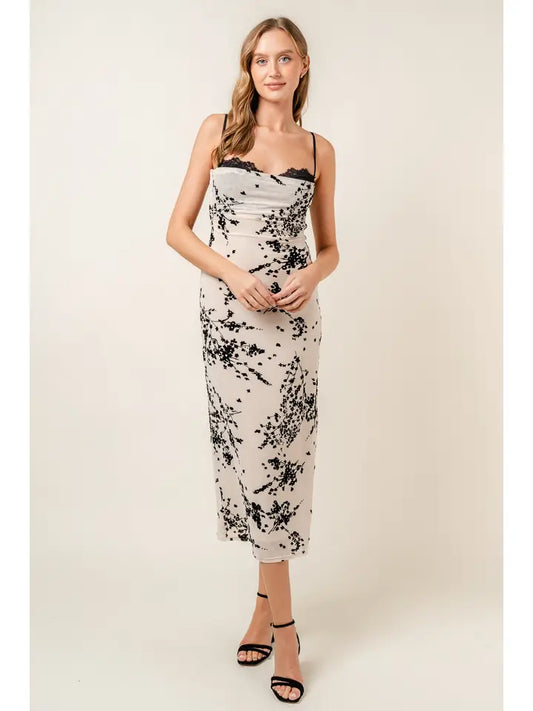 Lace Burn Out Velvet Floral Mesh Midi DRESS-