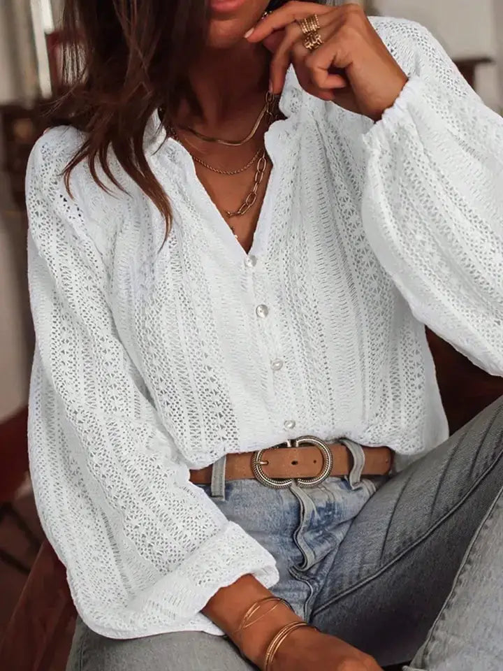 Open Knit Lace V Neck Button Front Blouse