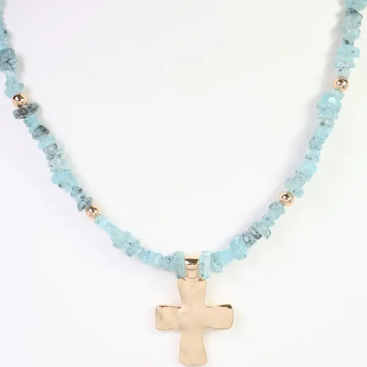 Holland Beaded Cross Necklace Aqua