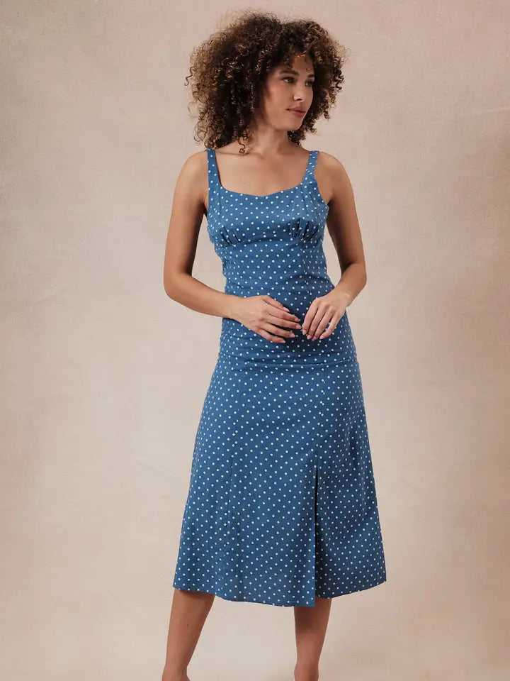 Polka Dot Midi Dress W. Adjustable Straps & Slit