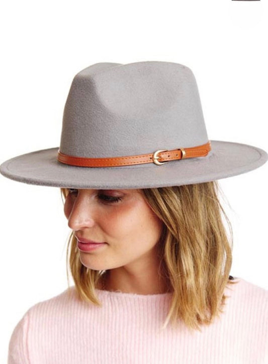 Leather Belt Felt Fedora Hat Grey