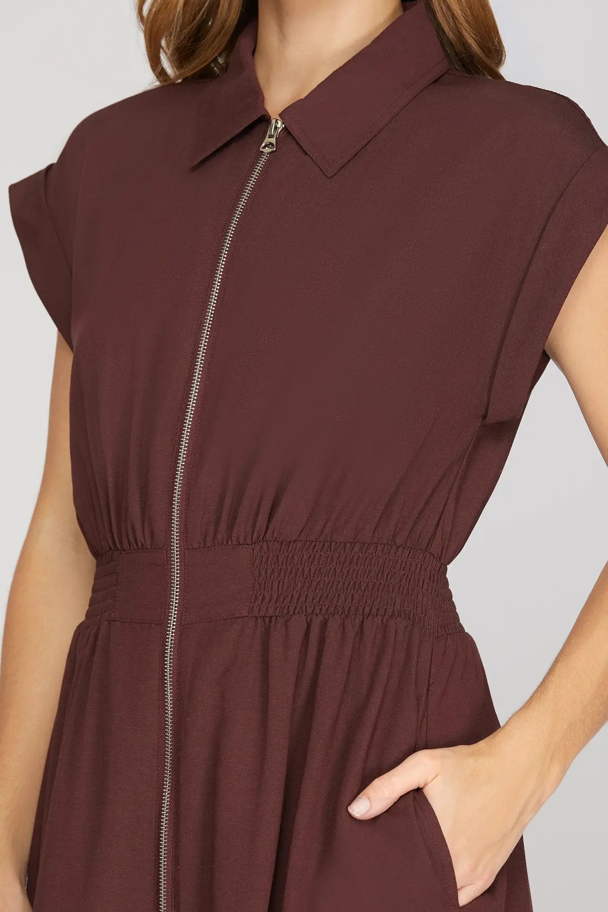 DROP SLEEVE WOVEN COLLARED ZIP UP MIDI DRESS WITH POCKETS