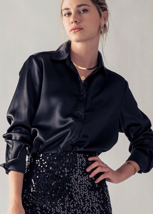 Button Down Silky Blouse Black