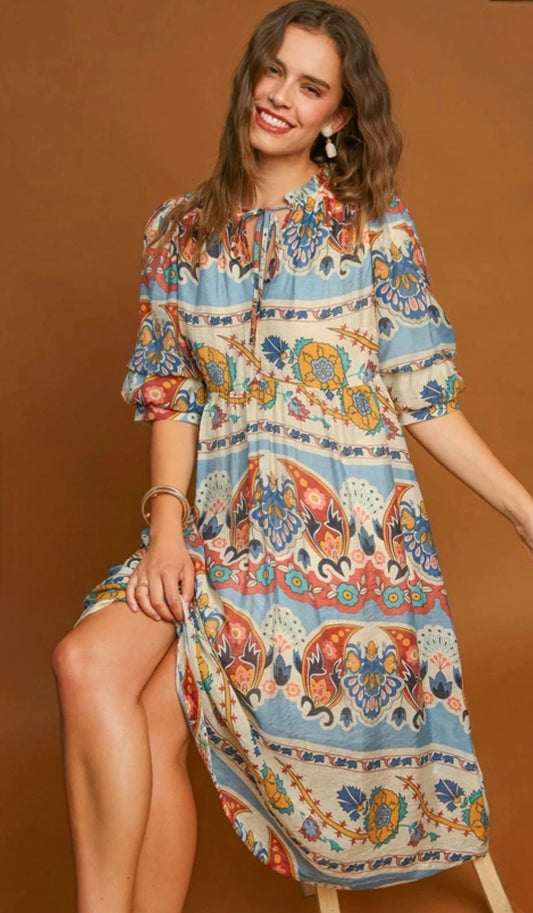 Border Print Midi Dress