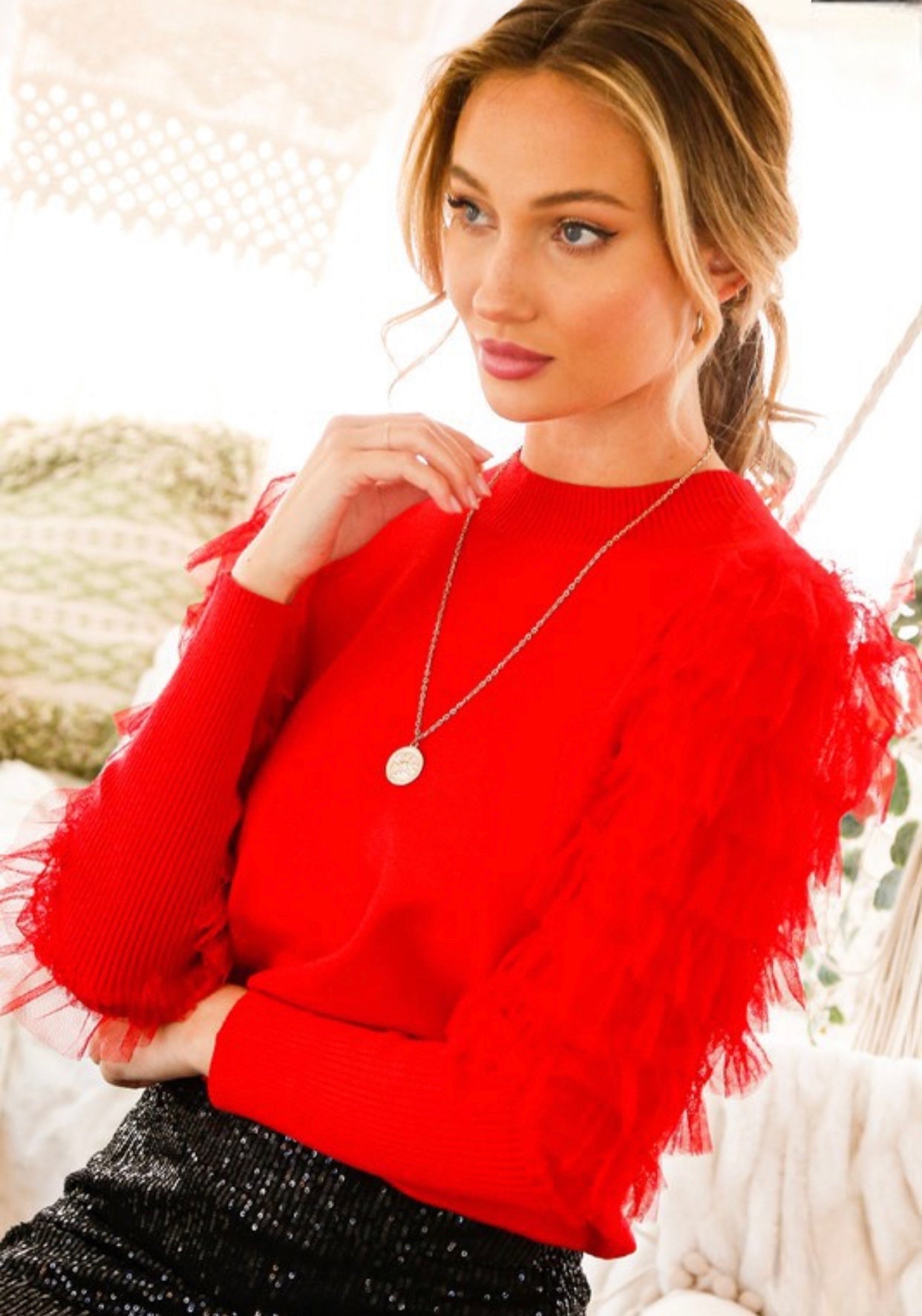 Lace Tiered Sweater Red