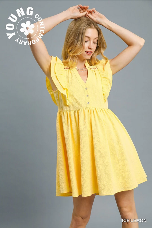 Ruffle Sleeve Textured Babydoll Dress