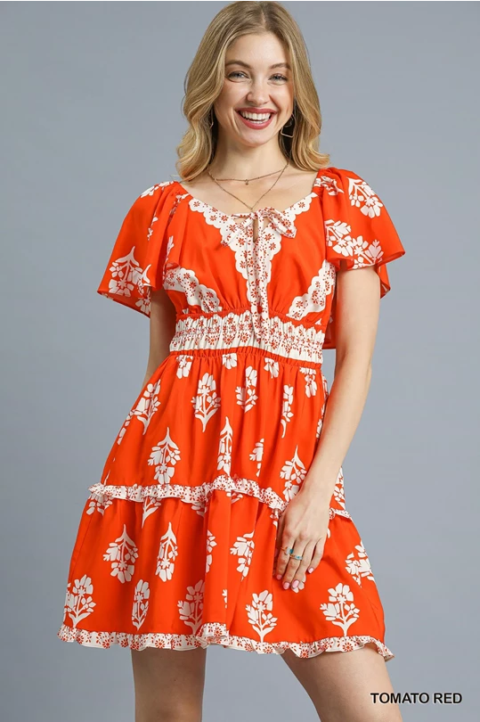 Floral Ruffle Trim Tiered Mini Dress
