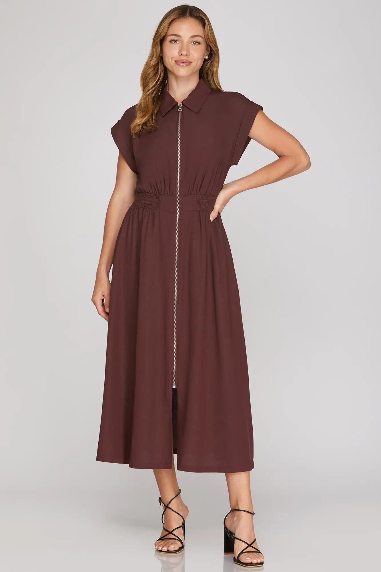 DROP SLEEVE WOVEN COLLARED ZIP UP MIDI DRESS WITH POCKETS